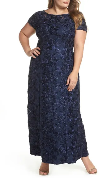 Rosette Lace Short Sleeve A-Line Gown