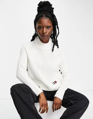 Tommy Jeans flag logo turtle neck sweater in ivory