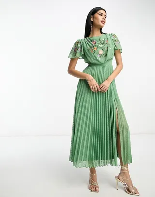 ASOS DESIGN pleated textured cowl front embroidered maxi dress with belt in pale sage