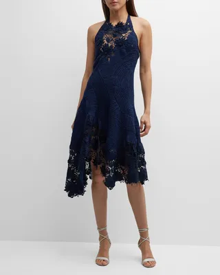Floral Lace-Inset Hand Crochet Halter Midi Dress