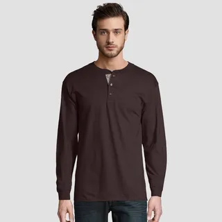 Hanes Men's Long Sleeve Beefy Henley Shirt - Dark Red S