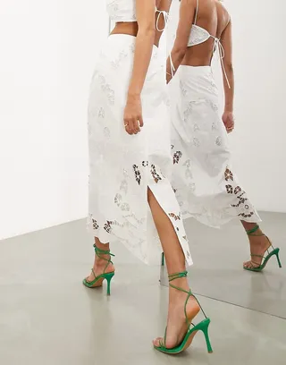 ASOS EDITION column midi skirt with floral cutwork in white