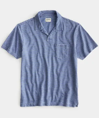 Striped Indigo Slub Jersey Montauk Polo in Bleached Indigo