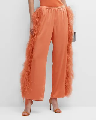 Feather Side-Stripe Wide-Leg Ankle Satin Pull-On Pants