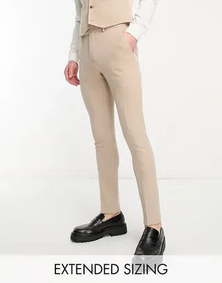 ASOS DESIGN Wedding skinny suit pants in linen mix in micro texture in brown