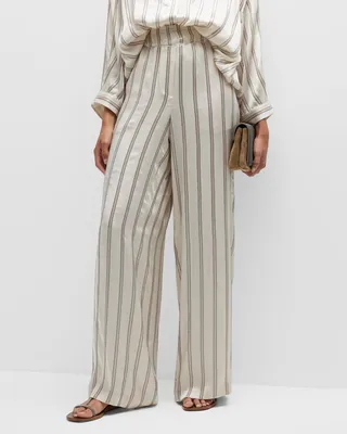 Monili Sequin Striped Wide-Leg Satin Pull-On Pants