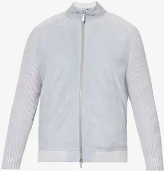 Mens Baby Blue And Light Gray Funnel-neck Regular-fit Suede-textured Leather Bomber Jacket