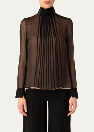 Pleated Turtleneck Silk Georgette Blouse
