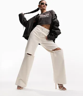 ASOS DESIGN dad jeans in neutral with knee rips