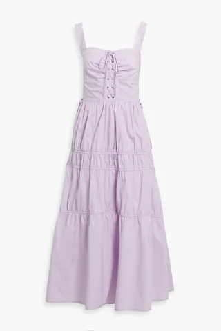 Halle lace-up shirred cotton-poplin midi dress