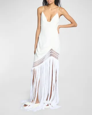 x Paula's Ibiza V-Neck Maxi Dress with Long Fringe Detail