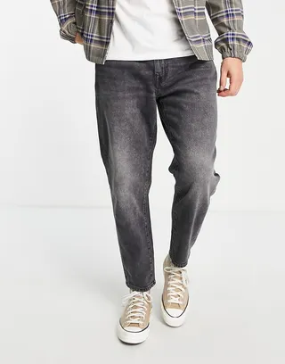 Selected Homme cotton relaxed crop jeans in dark gray wash - GRAY