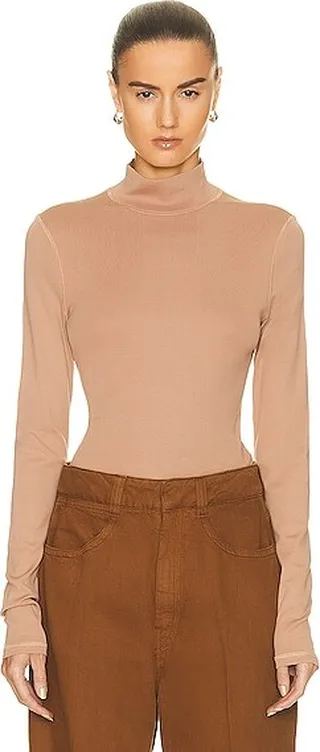 Lemaire Ribbed Turtleneck Top in Tan