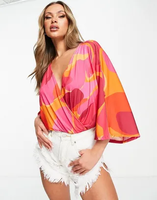 ASOS DESIGN angel sleeve bodysuit in pink abstract print