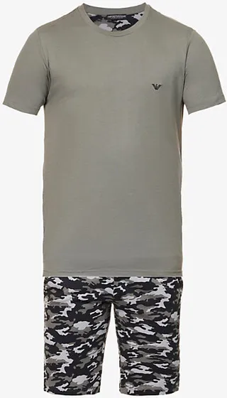 Mens Camou Nero Mixed-pattern Logo-embroidered Cotton-jersey Pyjama set