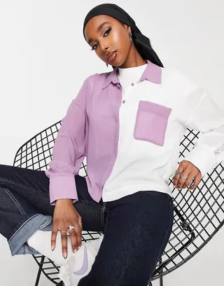 ASOS DESIGN color block shirt in lilac & ivory