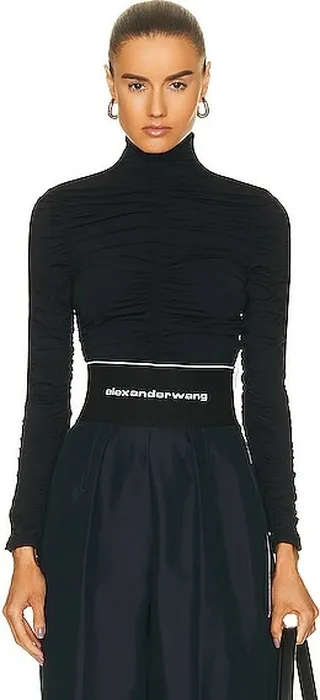 Alexander Wang Ruched Long Sleeve Turtleneck Top in Black