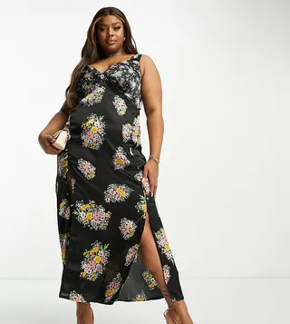 ASOS DESIGN Curve satin cami midi dress with side splits and button detail in dark floral