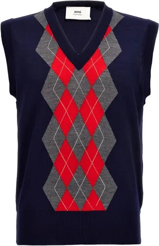 AMI Paris Logo-Intarsia V-Neck Knitted Vest