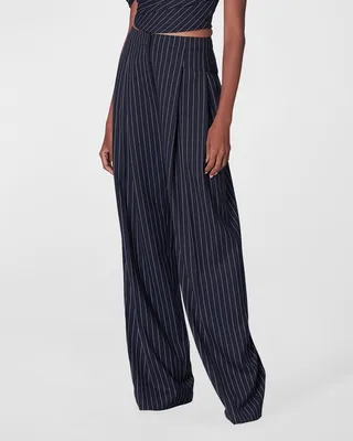 Mid-Rise Pinstripe Pleated Wide-Leg Pants