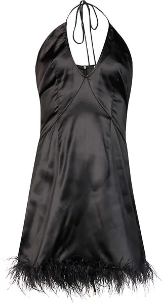 AMY LYNN - Aaesha Black Satin Faux Feather Trim Dress