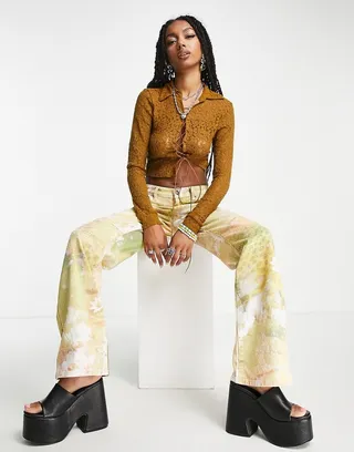 Jaded London long sleeve 90s shirt in vintage print with lace up front