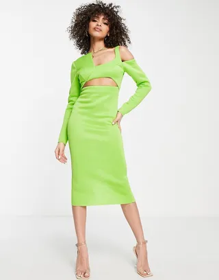 ASOS DESIGN long sleeve asymmetric cut out midi dress in lime green