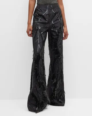 Sequin Embroidered Flare-Leg Taffeta Pants