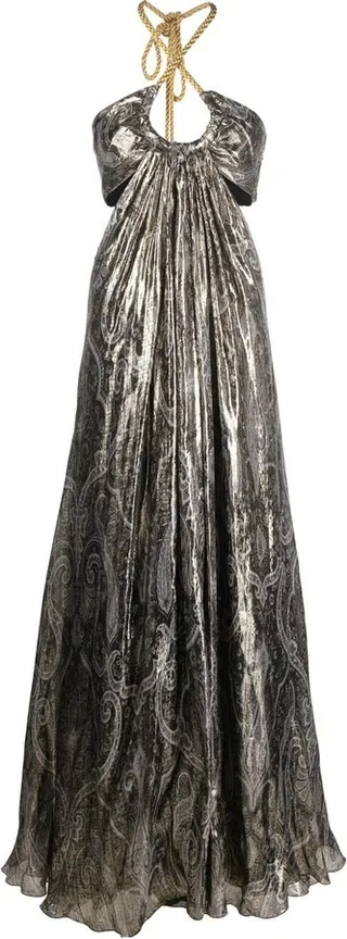 Metallic Paisley-Print Floor-Length Dress