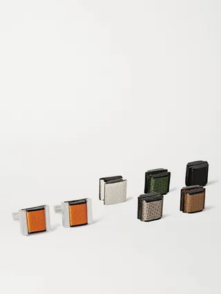 Interchangeable Sterling Silver and Pebble-Grain Leather Cufflinks