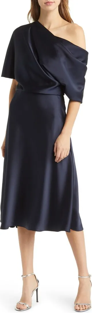 One-Shoulder Fluid Satin Cocktail Midi Dress