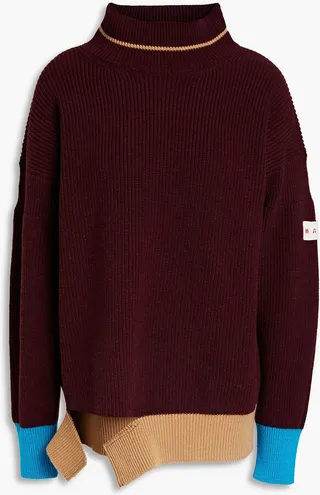 Asymmetric wool and cotton-blend turtleneck sweater