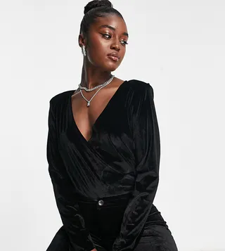 In The Style exclusive velvet wrap detail bodysuit in black - part of a set