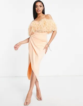 ASOS DESIGN 2 piece off shoulder pencil wrap tuck feather midi dress in peach