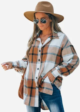 Women's Long Sleeve Plaid Oversized Shirt - Cupshe-M-Orange