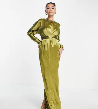 ASOS DESIGN maxi dress with batwing sleeve and wrap waist in satin in olive