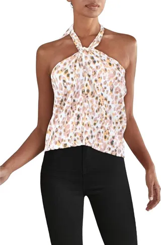 Irma Womens Animal Print Knot Front Halter Top