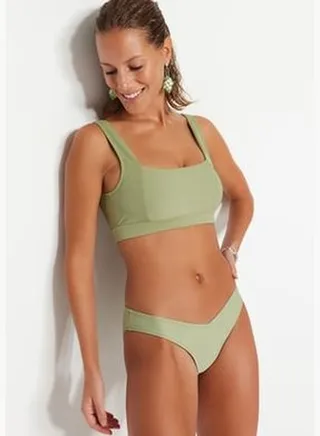 Khaki Textured V-Cut Bikini Bottoms TBESS21BA0138