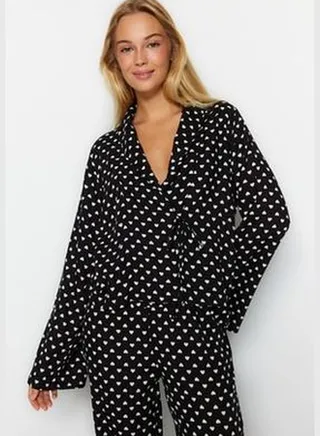 Black Heart Patterned Tie Detailed Shirt-Pants Woven Pajamas Set THMAW22PT0300