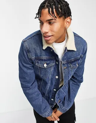 New Look denim jacket with borg collar in mid blue