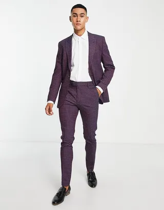 ASOS DESIGN skinny suit pants in purple houndstooth twill