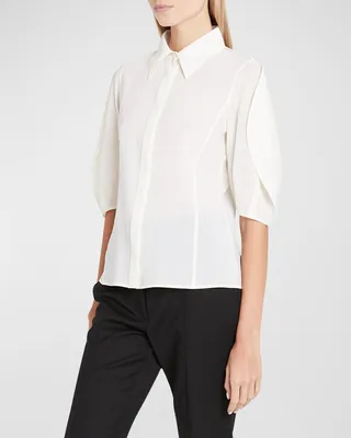 Sansi Blouson-Sleeve Collared Top