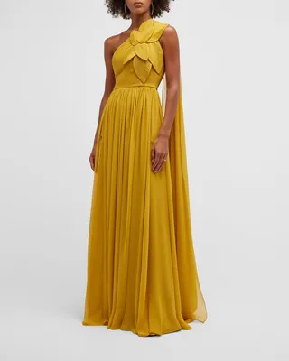 Plunging Ruffle-Shoulder Gown