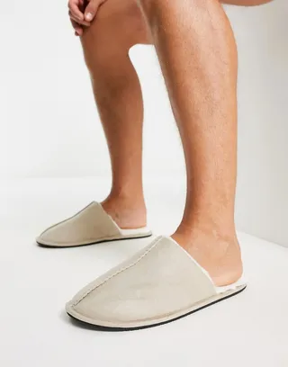 ASOS DESIGN slip on slippers in stone with cream faux fur lining