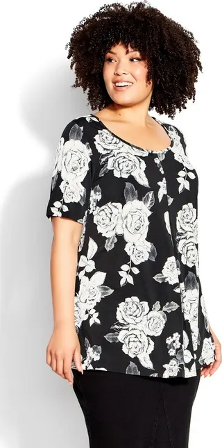 EVANS | Women's Plus Size Luv Pleat Front Tunic - black floral - 30W