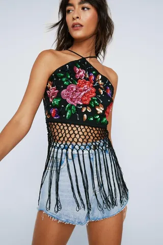 Nasty Gal Womens Floral Embellished Tassel Hem Halter Top