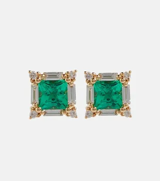 18kt Gold Earrings With Green Emeralds And Diamonds