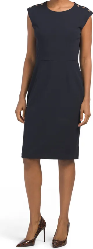 Sleeveless Sheath Dress With Shoulder Button Detail