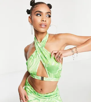 ASYOU crossfront buckle strap halter top in print