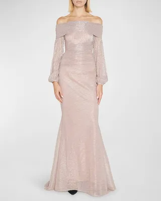 Off-The-Shoulder Metallic Voile Trumpet Gown
